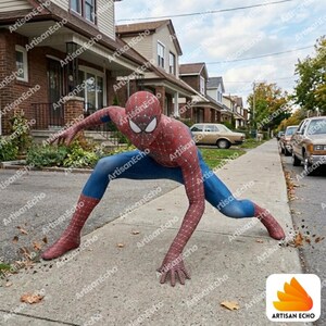 May include: A full-body spandex costume featuring a red and blue color scheme with a black web pattern across the red sections. The suit includes a full-head mask with large white eye lenses, designed to mimic a classic comic book superhero aesthetic.