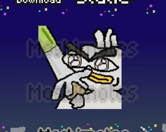 May include: A pixel art graphic featuring a white character with a yellow beak and dark eyebrows, holding a green object. The text reads Instant Download, Static, and Moshimotes, set against a dark blue background with colorful confetti.