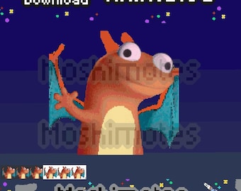 May include: Animated digital art featuring a cartoon dragon with orange and tan scales, large white eyes, and teal wings. The image includes the text "Instant Download" and "Animated" in white pixelated font, with the name "Moshimotes" at the bottom.