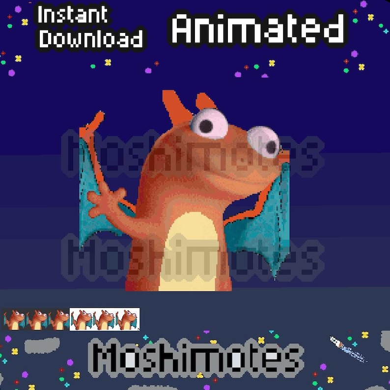 May include: Animated digital art featuring a cartoon dragon with orange and tan scales, large white eyes, and teal wings. The image includes the text "Instant Download" and "Animated" in white pixelated font, with the name "Moshimotes" at the bottom.