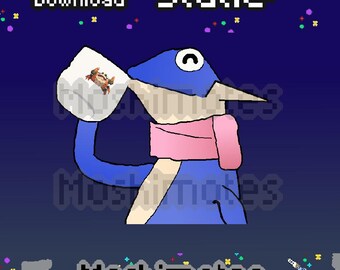 May include: A digital illustration of a blue cartoon character drinking from a cup. The character wears a pink scarf and has a white eye. The image includes the text "Instant Download" and "Static". The background is dark blue with pixelated stars.