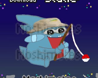 May include: A pixel art illustration of a light blue creature wearing a tan bucket hat, holding a brown fishing rod with a white line and a red and white ball at the end. The text Instant Download, Static, and Moshimotes appear on a dark blue background.