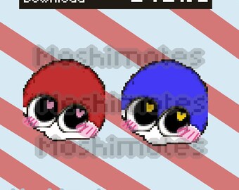 May include: A digital pixel art illustration featuring two round characters with large black eyes, pink blush marks, and white lower faces. One character is red, the other is blue. The text "Instant Download", "Static", and "Moshimotes" appear.