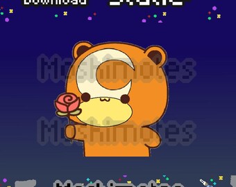 May include: A digital graphic featuring an orange bear character with a yellow muzzle and a crescent moon shape on its forehead. The bear holds a small pink rose. The text reads Instant Download, Static, and Moshimotes against a dark blue background.