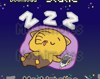 May include: A pixel art illustration of a yellow creature sleeping on a purple cushion with white ZZZ text above. The creature holds a small gray device. The image includes the text Instant Download, Static, and Moshimotes against a dark blue background.