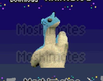 May include: A pixel art animation of a light blue and beige creature with a long neck and rounded head. The text "Instant Download", "Animated", and "Moshimotes" appears in white pixelated font against a dark blue background with colorful confetti.