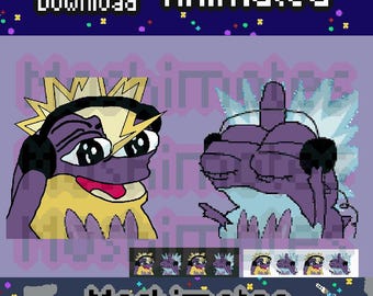 May include: Pixelated digital art featuring two purple cartoon characters with headphones and lightning bolt accents. The words "Instant Download" and "Animated" are at the top. The word "Moshimotes" is at the bottom.