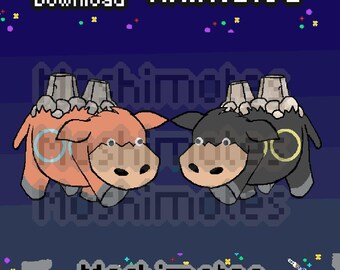 May include: Two pixel art creatures with stone-like structures on their backs against a dark blue background. One creature is orange with a light blue circle on its side, and the other is black with a yellow circle. Text reads Instant Download Animated.
