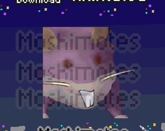 May include: A pixel art animation of a purple hamster with large ears, dark eyes, and prominent white teeth. The image features the text Instant Download, Animated, and Moshimotes against a dark blue background with colorful confetti-like pixels.