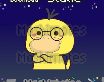 May include: A digital pixel art illustration of a yellow creature with a rounded head, a beige beak, and black round glasses. The creature has its arms crossed against a dark blue background with colorful confetti and the text Instant Download, Static, and Moshimotes.