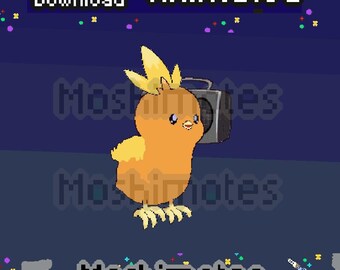 May include: An animated pixel art graphic featuring a yellow and orange chick character standing in front of a grey boombox. The image includes the text Instant Download, Animated, and Moshimotes in a pixelated font against a dark blue background.