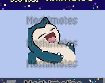 May include: An animated pixel art graphic of a Snorlax character with a blue body and cream-colored belly, laughing with eyes closed and mouth open. The image includes the text Instant Download, Animated, and Moshimotes against a blue background.
