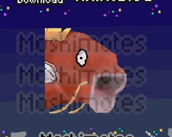 May include: A pixel art graphic of a red fish character with a wide open mouth, a white eye, and yellow whiskers. The image features the text Instant Download, Animated, and Moshimotes against a dark blue background with colorful confetti.