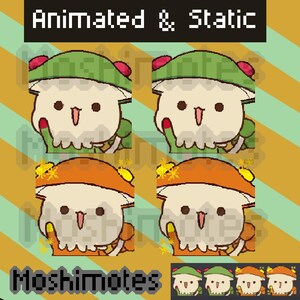 Può includere: Illustrazione digitale con quattro personaggi dei cartoni animati con cappelli a forma di fungo. I personaggi hanno un corpo bianco, cappelli verdi o arancioni e sono ambientati su uno sfondo a strisce. È presente anche il testo "Animated & Static" e "Moshimotes".