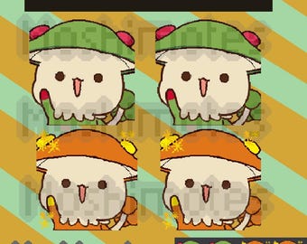 May include: A digital illustration featuring four cartoon characters with mushroom-like hats. The characters have a white body, green or orange hats, and are set against a striped background. The text "Animated & Static" and "Moshimotes" are also present.