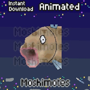 Puede incluir: Una animación de arte de píxeles de un pez color canela con la boca muy abierta y un solo ojo visible. La imagen presenta el texto Instant Download, Animated y Moshimotes sobre un fondo azul oscuro con confeti pixelado de colores.