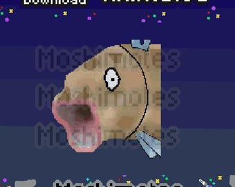 May include: A pixel art animation of a tan fish with a wide open mouth and a single visible eye. The image features the text Instant Download, Animated, and Moshimotes against a dark blue background with scattered colorful pixelated confetti.