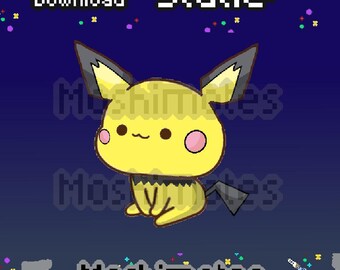 May include: A pixel art illustration of a yellow creature with large ears, pink cheeks, and a black collar against a dark blue background with colorful confetti. The text reads Instant Download, Static, and Moshimotes in pixelated font.