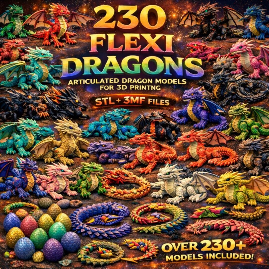 230 Flexi Dragons STL Files, Articulated 3D Printing Models (digital ...