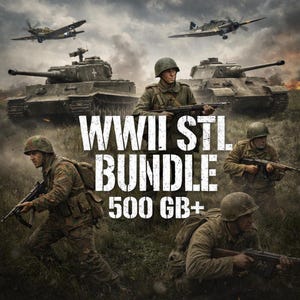 以下が含まれることがあります： 第二次世界大戦の兵士、戦車、飛行機を描いた画像。「WWII STL BUNDLE 500 GB+」のテキストが目立つ。歴史的な紛争と軍事行動の感覚を呼び起こすシーン。