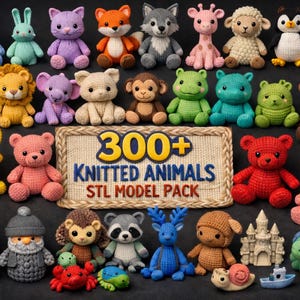 May include: A selection of knitted animal toys in various colours, such as a blue bear, a green bunny, a purple cat, and an orange fox. The image includes a sign that says "300+ KNITTED ANIMALS STL MODEL PACK".