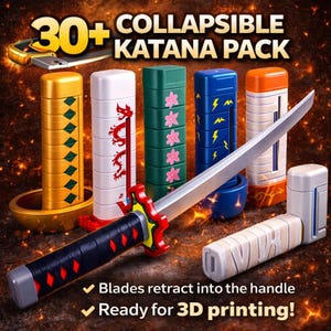 Peut inclure: Une collection de jouets katana pliables de différentes couleurs et motifs. L'image présente une lame de katana et plusieurs manches cylindriques avec différents motifs, notamment des motifs floraux, de dragon et d'éclairs. Le texte sur l'image indique "30+ COLLAPSIBLE KATANA PACK".