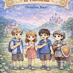 Puede incluir: Ilustración de la portada del libro infantil "I Cuori Coraggiosi di Luminia" de Demetrio Bueti. Cuatro niños de pie en un campo, uno con armadura de caballero. Un castillo y casas al fondo.