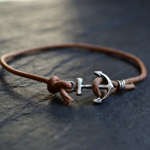 mens bracelet, sterling silver anchor bracelet, mens jewelry, brown leather bracelet, nautical bracelet jewelry gift for sailor boyfriend