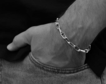 Mens Bracelet, Sterling Silver Link Chain Bracelet, Mens Jewelry, Mens Silver Biker Jewelry Rocker Gift