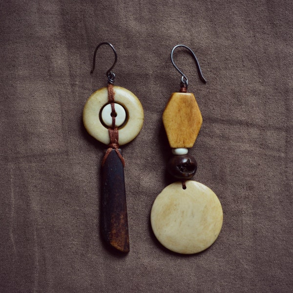 Bone Earrings, Tribal Earrings, Primitive Mismatched Geometric Earrings, Bone Jewelry, Rustic Native American Jewelry Unique Artistic