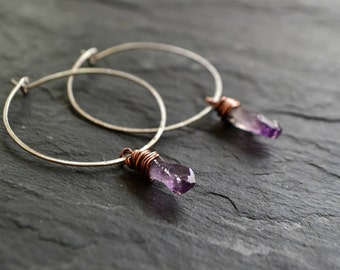 Hoop Earrings Raw Amethyst Healing Crystal Metaphysical Earrings Boho Gypsy Rustic Amethyst Jewelry