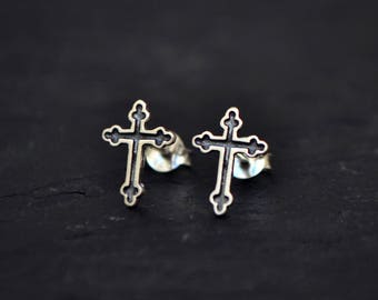 Gothic Cross Stud Earrings, Cross Earrings Crucifix Mens Earrings Sterling Silver 925, Punk Rock Biker Earrings Religious Christian Jewelry