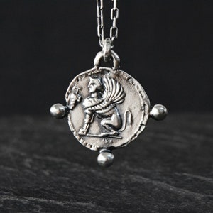 Ancient Greek Coin Necklace, Sphinx Amphora Coin Replica Pendant Jewelry Reversible