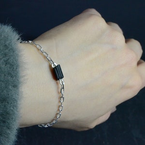 Raw Black Tourmaline Bracelet Mens Chain Crystal Bar Bracelet Sterling Silver Minimal Unisex Bracelet