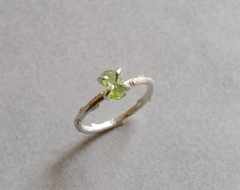 Raw Peridot Twig Ring Branch Engagement Ring Sterling Silver Green Stone Ring