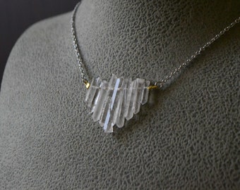 White Raw Quartz Point Crystal Necklace, Natural Stone Necklace Stainless Steel Wire Wrapped, Primitive Rustic Jewelry