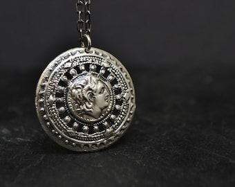 Ancient Greek Necklace, Sterling Silver Coin Necklace, Shield Necklace, Alexander The Great Necklace, Grecian Greek Jewelry, Warrior, Armor