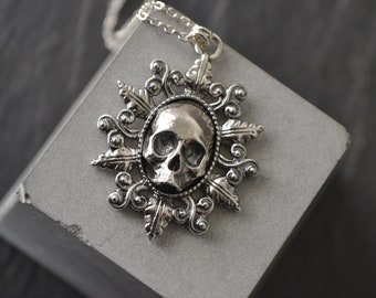 Gothic Oval Skull Necklace Victorian Art Nouveau Jewelry Gothic Necklace Sterling Silver Vintage Style Jewelry