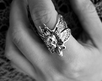 Gothic Skull Butterfly Ring Death Moth Wrap Ring  Sterling Silver Creepy Wiccan Insect Jewelry
