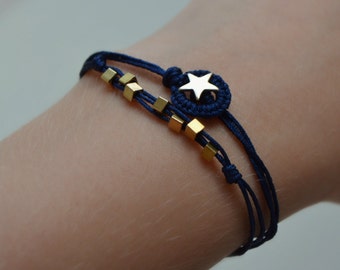 gold star bracelet, constellation jewelry, space jewelry, blue and gold friendship bracelet, galaxy planet jewelry, everyday bracelet