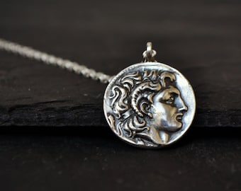 Alexander The Great Coin Necklace, Mens necklace, Sterling Silver, Coin Jewelry, Ancient Greek King Coin Replica Reversible Pendant