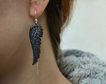 Gothic Earrings Black Angel Wings Earrings Sterling Silver Wing Feather Earrings with Chain Steampunk Jewelry