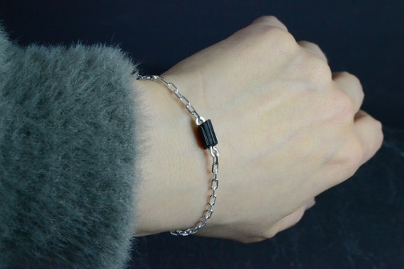 Raw Black Tourmaline Bracelet Mens Chain Crystal Bar Bracelet Sterling Silver Minimal Unisex Bracelet