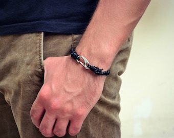 Mens Bracelet, Braided Black Leather Bracelet, Stainless Steel Silver Clasp Bracelet, Mens Leather Bracelet, Mens Jewelry, Braided Bracelet