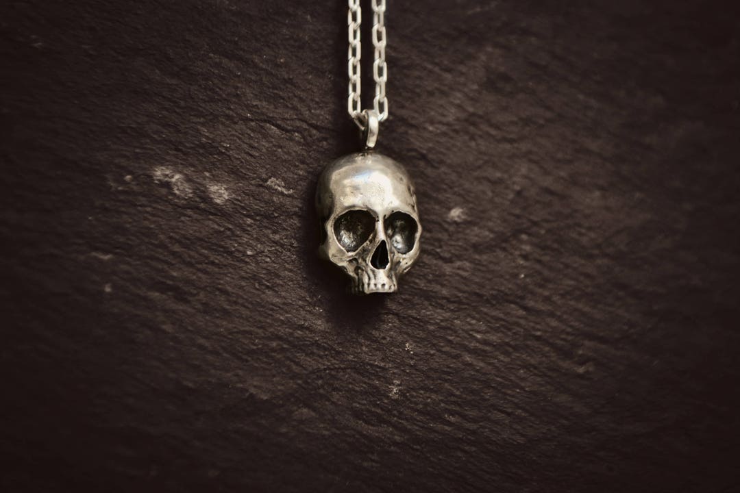 Mens Skull Necklace, Skull Necklace, Sterling Silver Gothic Skeleton