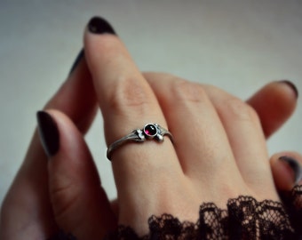 Gothic Ring, Wiccan Garnet Ring Sterling silver, Blood Moon Ring, Bone Ring, Gothic Jewelry, Bone Jewelry, Macabre Creepy Jewelry