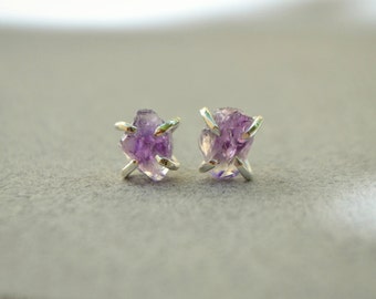 Raw Amethyst Earrings Sterling Silver Rough Healing Crystal Natural Stone Amethyst Studs Yoga Jewelry Amethyst Stud Earrings