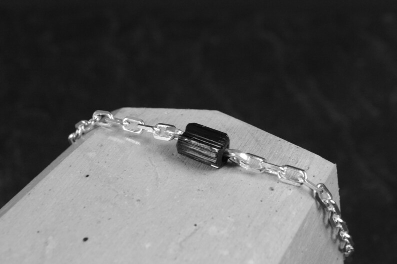 Raw Black Tourmaline Bracelet Mens Chain Crystal Bar Bracelet Sterling Silver Minimal Unisex Bracelet image 3