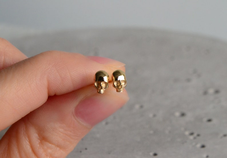 skull earrings 14k solid gold tiny fine wedding jewelry image 1