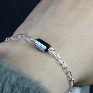 Raw Black Tourmaline Bracelet Mens Chain Crystal Bar Bracelet Sterling Silver Minimal Unisex Bracelet image 2